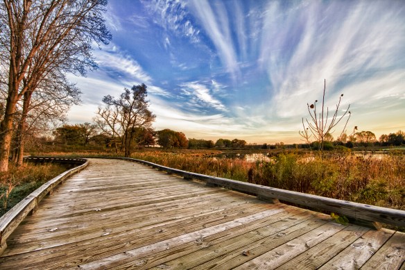 Early morning sunlight paints a boardwalk with warm tones. Photo © Jeff Goldberg.
