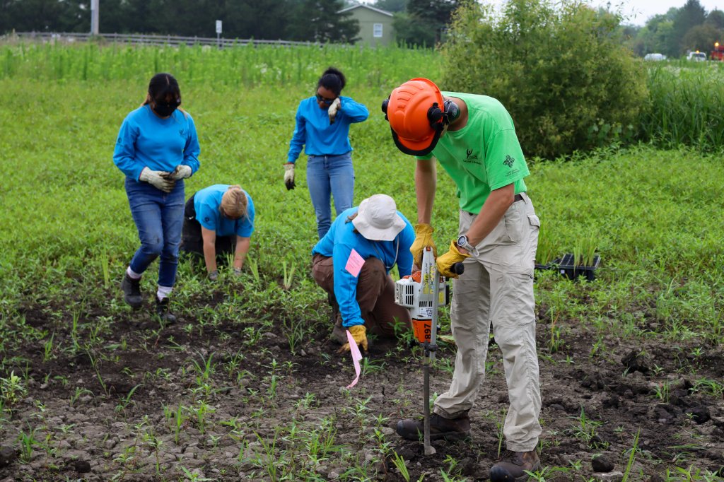 YCC crew members used power augers to drill holes for the wetland planting. Photo © Lake County Forest Preserves.