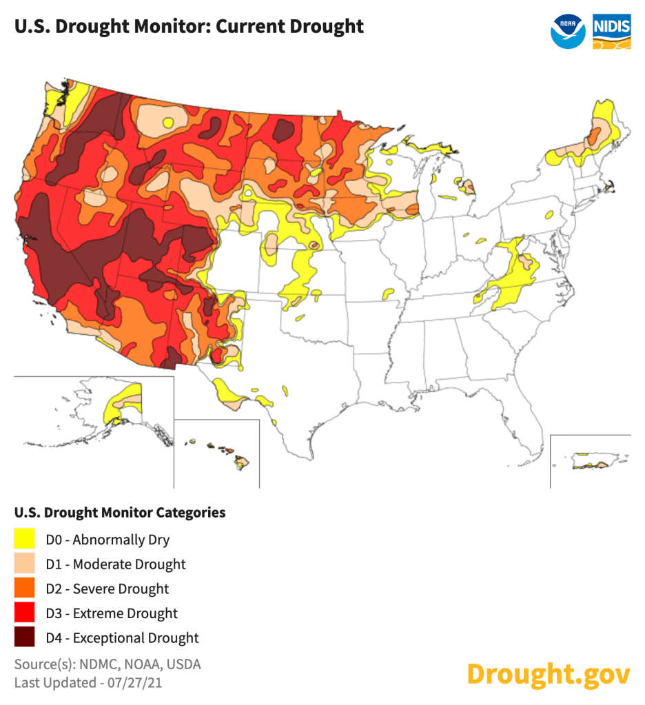 Much of the country is in a drought, according to this July 27, 2021 map from drought.gov. Graphic © National Integrated Drought Information System.