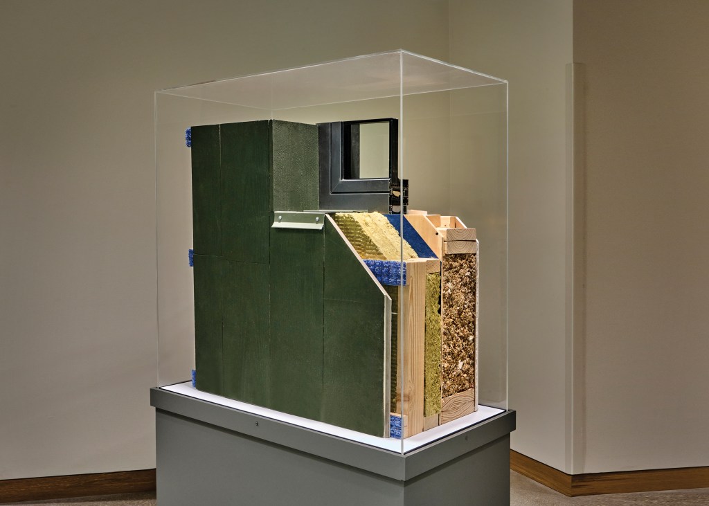A cutaway of the building envelope reveals mineral wool insulation. This water-resistant, fire-retardant material reduces heat flow. Photo © John Weinstein.