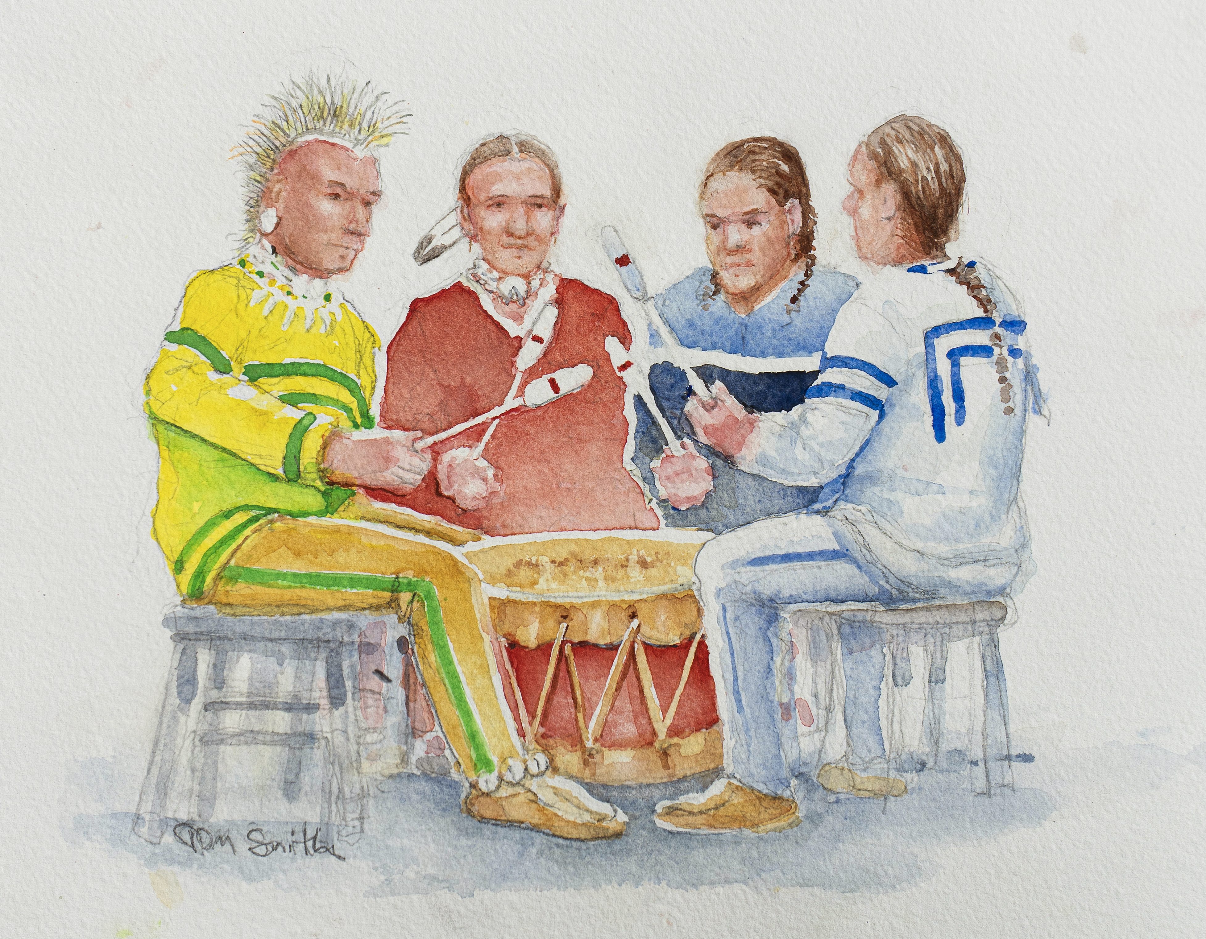 Rhythms of Life: The songs and rhythms of the drum circle are passed down through generations. Today, drummers of all backgrounds gather around the large Pow Wow drum—the heartbeat of Mother Earth—singing and drumming in community. Watercolor by Tom Smith.