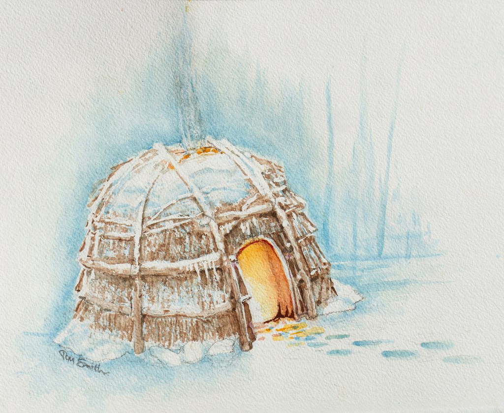 Home: A wigwam is a single-family home of the Potawatomi, built upon strong poles made from bent tree saplings and covered with sheets of bark. Layering the walls with woven mats and dried grasses helped keep winter weather out. Watercolor by Tom Smith.